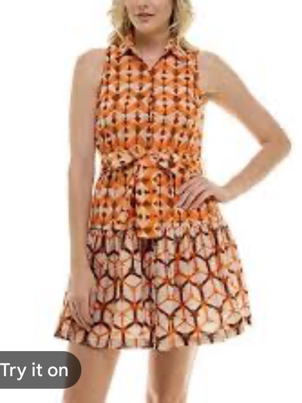 Taylor Orange and Brown Patterned Sleeveless Belted Mini Dress
